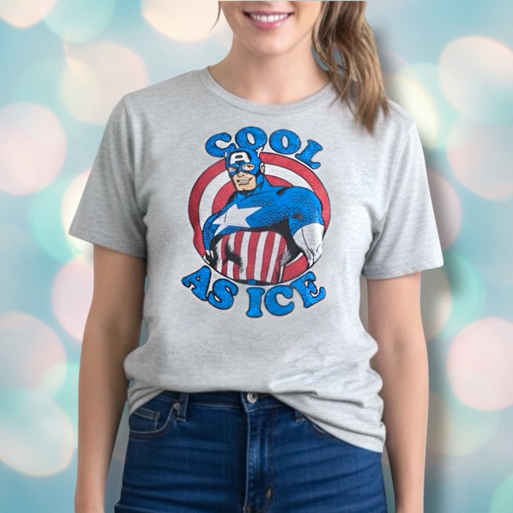 Disney Marvel Captain American Women’s Glitter Short Sleeve Tee Shirt Top Size L